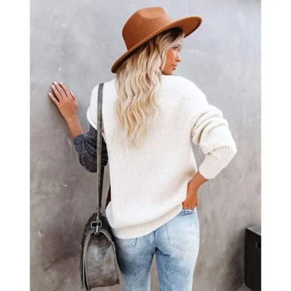 Red & Gray Colorblock Print Cable Knit Turtleneck Long Sleeve Pullover Sweater - Picture 8 of 10